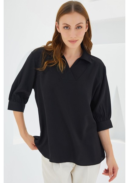 Kadın BDART Polo Yaka Bol Kesim Üç Çeyrek Kol Bluz Black