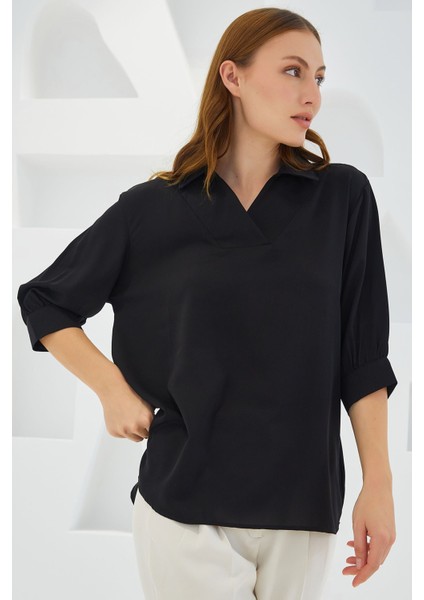 Kadın BDART Polo Yaka Bol Kesim Üç Çeyrek Kol Bluz Black