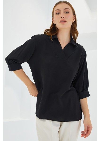 Kadın BDART Polo Yaka Bol Kesim Üç Çeyrek Kol Bluz Black