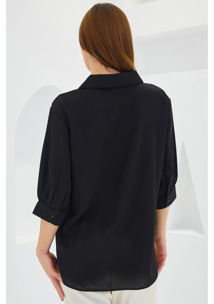 Kadın BDART Polo Yaka Bol Kesim Üç Çeyrek Kol Bluz Black