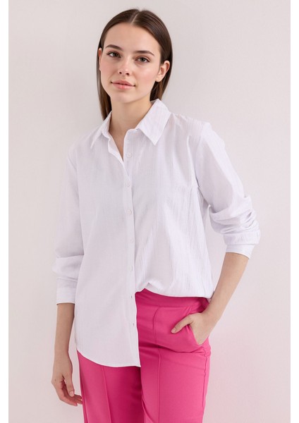 Kadın BDART Pompon Detaylı Baskılı Krepe Gömlek White