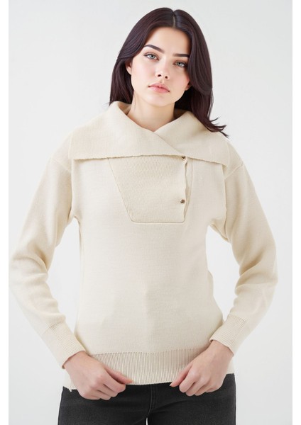 Kadın BDART Akrilik Örme Şal Yaka Kazak Natural indirimleri