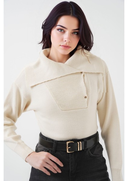 Kadın BDART Akrilik Örme Şal Yaka Kazak Natural