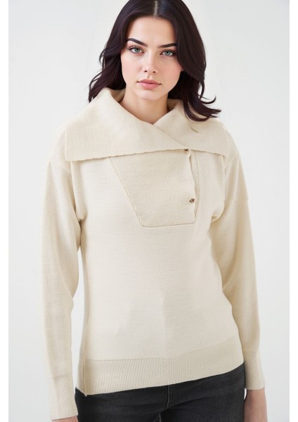 Kadın BDART Akrilik Örme Şal Yaka Kazak Natural