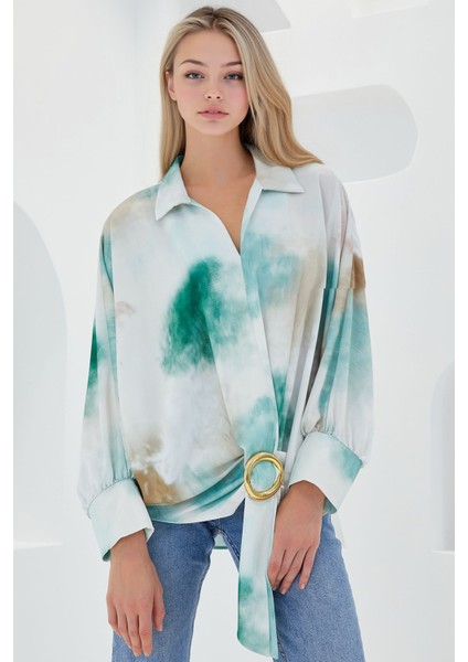 Kadın BDART Fiyonk Detaylı Oversize Desenli Krep Gömlek Green
