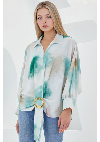 Kadın BDART Fiyonk Detaylı Oversize Desenli Krep Gömlek Green