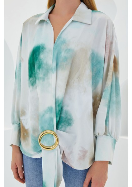 Kadın BDART Fiyonk Detaylı Oversize Desenli Krep Gömlek Green