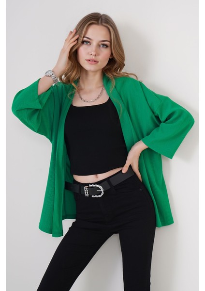 Kadın BDART Dokulu Rahat Fit Şal Yaka Kimono Yeşil