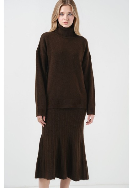 Kadın BDART Ribanalı Yüksek Yaka Triko Takım Kestane Kahvesi indirimleri