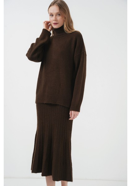 Kadın BDART Ribanalı Yüksek Yaka Triko Takım Kestane Kahvesi