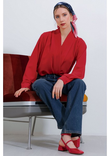 Kadın BDART Şal Yaka Bol Kesim Bluz Red