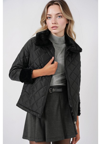 Kadın BDART Doku Desenli Şal Yaka Mont, Sahte Kürk Detaylı Black indirimleri