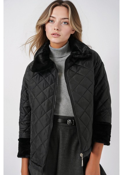 Kadın BDART Doku Desenli Şal Yaka Mont, Sahte Kürk Detaylı Black