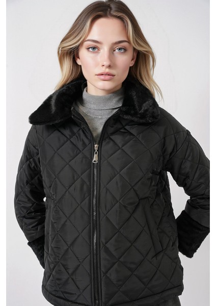 Kadın BDART Doku Desenli Şal Yaka Mont, Sahte Kürk Detaylı Black