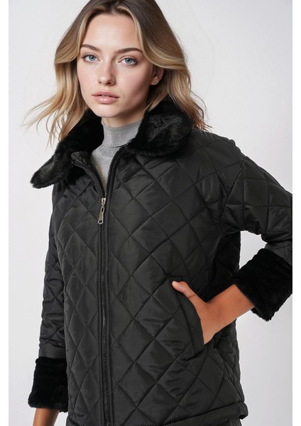 Kadın BDART Doku Desenli Şal Yaka Mont, Sahte Kürk Detaylı Black