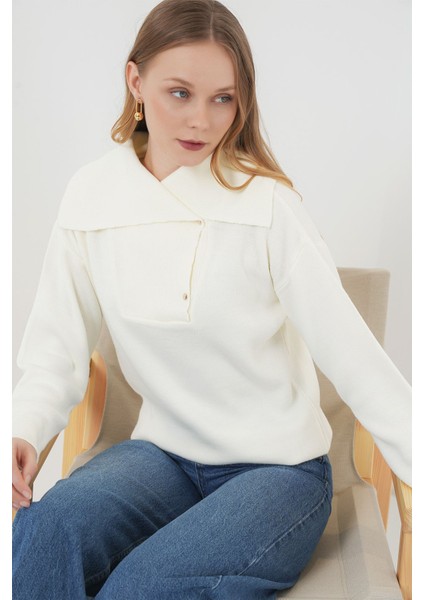 Kadın BDART Akrilik Örme Şal Yaka Kazak Natural