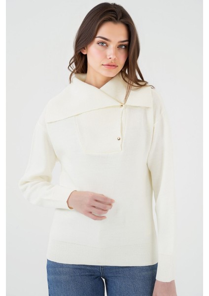 Kadın BDART Akrilik Örme Şal Yaka Kazak Natural