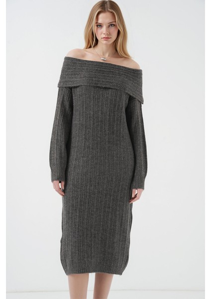 Kadın BDART Büyük Beden Ribanalı Örme Midi Elbise Madonna Yaka Kömür Grisi indirimleri