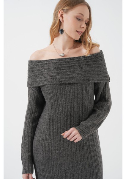 Kadın BDART Büyük Beden Ribanalı Örme Midi Elbise Madonna Yaka Kömür Grisi