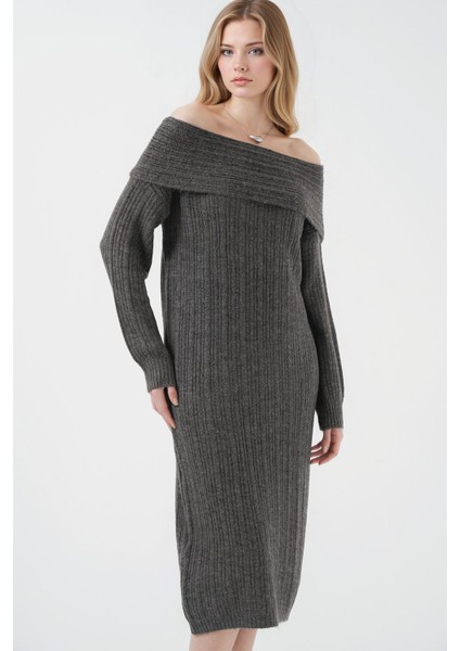 Kadın BDART Büyük Beden Ribanalı Örme Midi Elbise Madonna Yaka Kömür Grisi