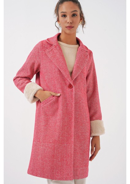 Kadın BDART Şal Yaka Kaşmir-Akrilik Herringbone Desenli Kaban Red