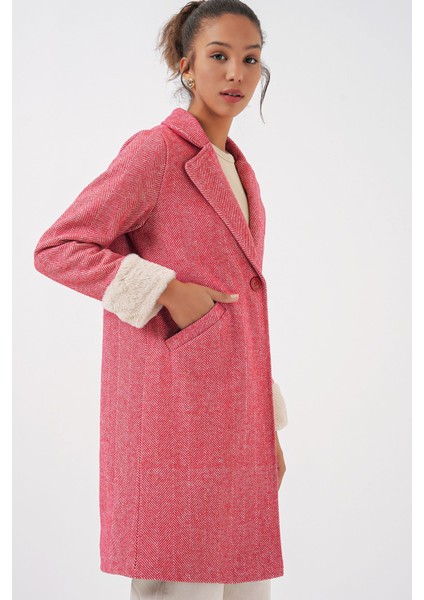 Kadın BDART Şal Yaka Kaşmir-Akrilik Herringbone Desenli Kaban Red