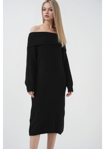 Kadın BDART Büyük Beden Ribanalı Örme Midi Elbise Madonna Yaka Black indirimleri
