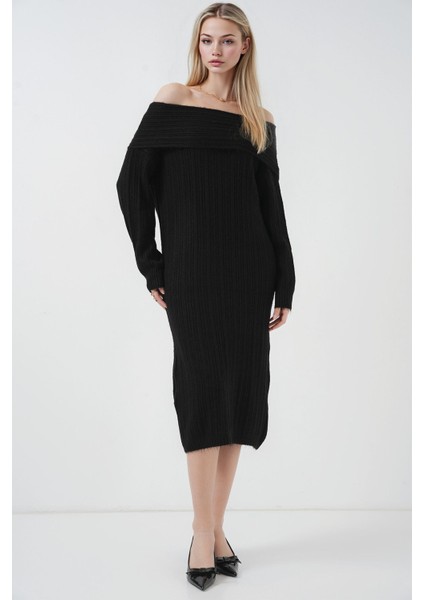Kadın BDART Büyük Beden Ribanalı Örme Midi Elbise Madonna Yaka Black