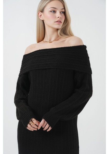 Kadın BDART Büyük Beden Ribanalı Örme Midi Elbise Madonna Yaka Black