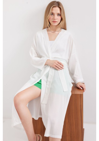 Kadın BDART Midi Pompom Şal Yaka Kimono Beyaz indirimleri