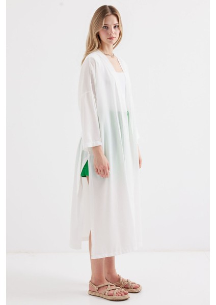 Kadın BDART Midi Pompom Şal Yaka Kimono Beyaz