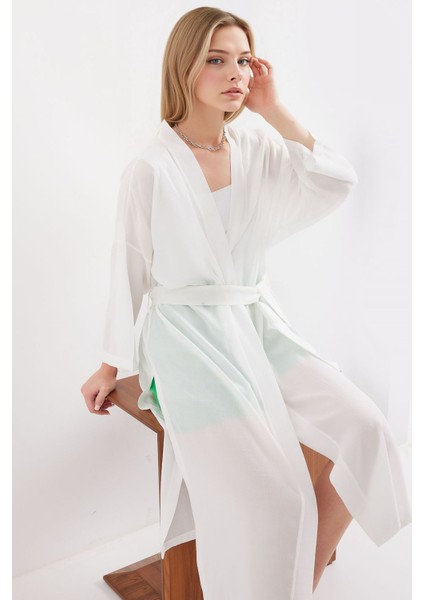 Kadın BDART Midi Pompom Şal Yaka Kimono Beyaz