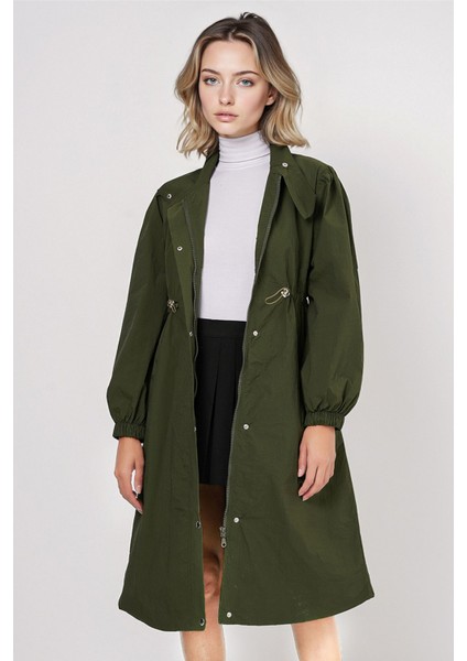 Kadın BDART Uzun Astarlı Trençkot, Düşük Yaka Haki Yeşil indirimleri
