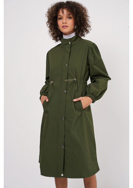 Kadın BDART Uzun Astarlı Trençkot, Düşük Yaka Haki Yeşil