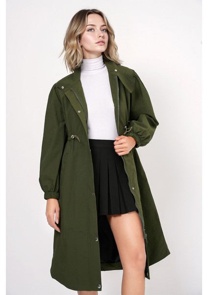Kadın BDART Uzun Astarlı Trençkot, Düşük Yaka Haki Yeşil