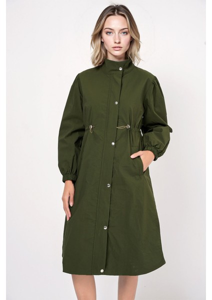 Kadın BDART Uzun Astarlı Trençkot, Düşük Yaka Haki Yeşil