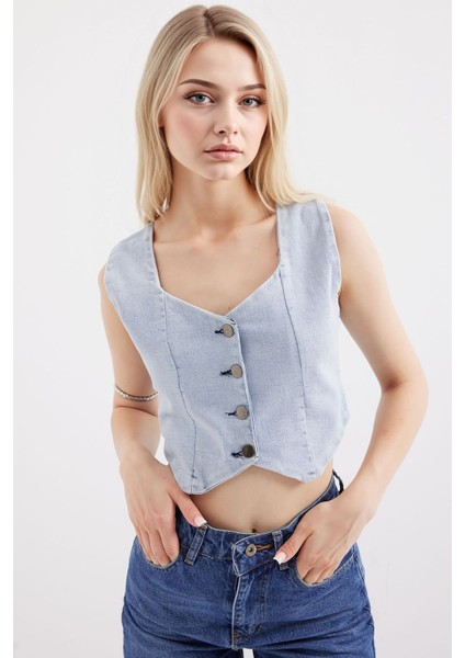 Kadın BDART Dar Kesim Kare Yaka Denim Yelek Blue
