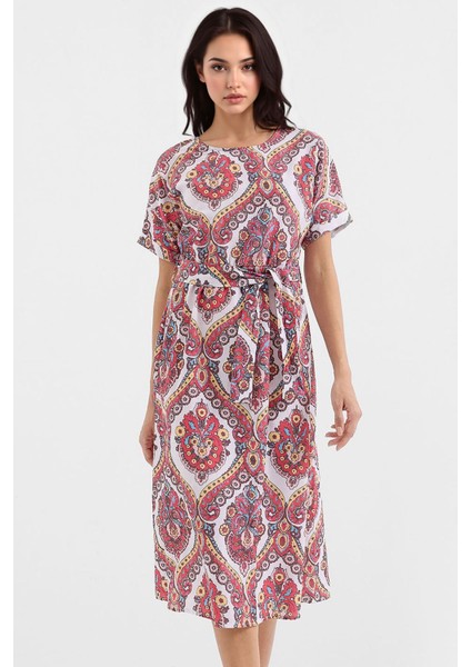 Kadın BDART İp Bağlama Detaylı Baskılı Midi Elbise Kiraz Kırmızısı fırsatları