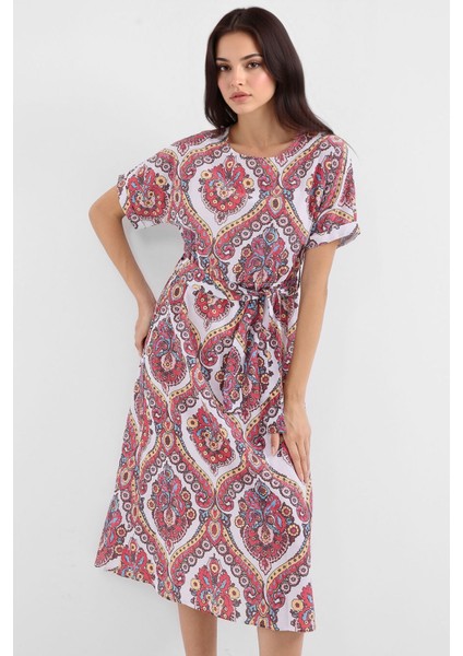 Kadın BDART İp Bağlama Detaylı Baskılı Midi Elbise Kiraz Kırmızısı indirimleri