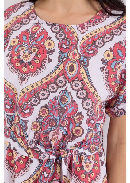 Kadın BDART İp Bağlama Detaylı Baskılı Midi Elbise Kiraz Kırmızısı