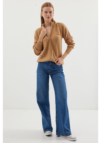 Kadın BDART Sıkı Örgü Ribaneli Fermuarlı Hırka Yulaf Ezmesi Doğal