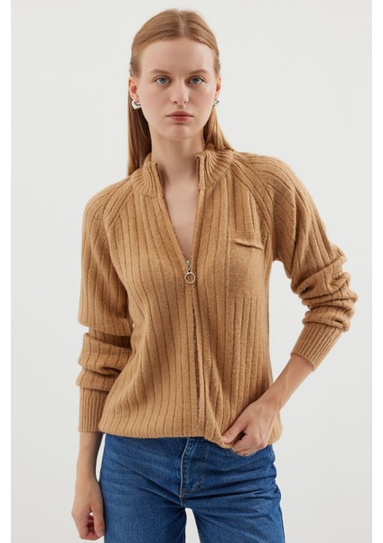 Kadın BDART Sıkı Örgü Ribaneli Fermuarlı Hırka Yulaf Ezmesi Doğal