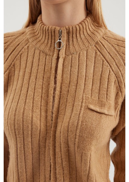 Kadın BDART Sıkı Örgü Ribaneli Fermuarlı Hırka Yulaf Ezmesi Doğal