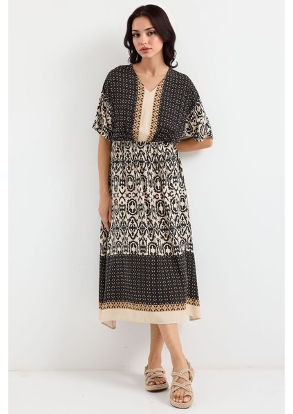 Kadın BDART V Yaka Astarlı Desenli Midi Elbise Black