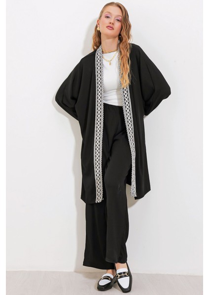 Kadın BDART Pompomlu Desenli Uzun Kimono Siyah