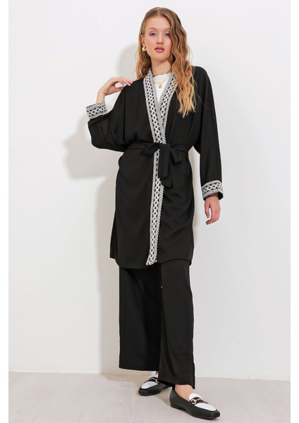 Kadın BDART Pompomlu Desenli Uzun Kimono Siyah