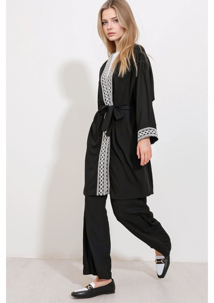 Kadın BDART Pompomlu Desenli Uzun Kimono Siyah