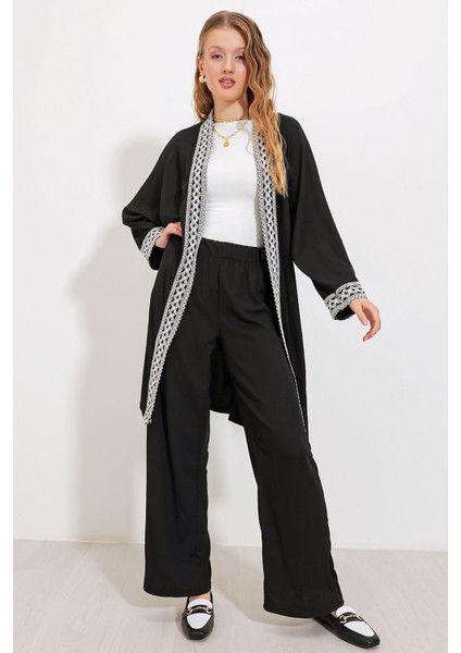 Kadın BDART Pompomlu Desenli Uzun Kimono Siyah