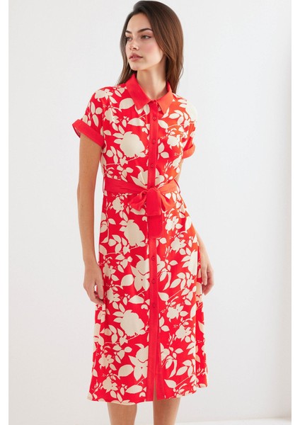 Kadın BDART Kemerli Çiçekli Midi Elbise Red