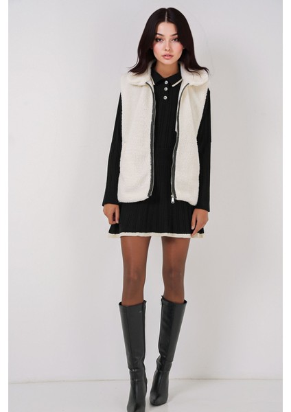 Kadın BDART Suni Kürk Payetli Fermuarlı Yelek White